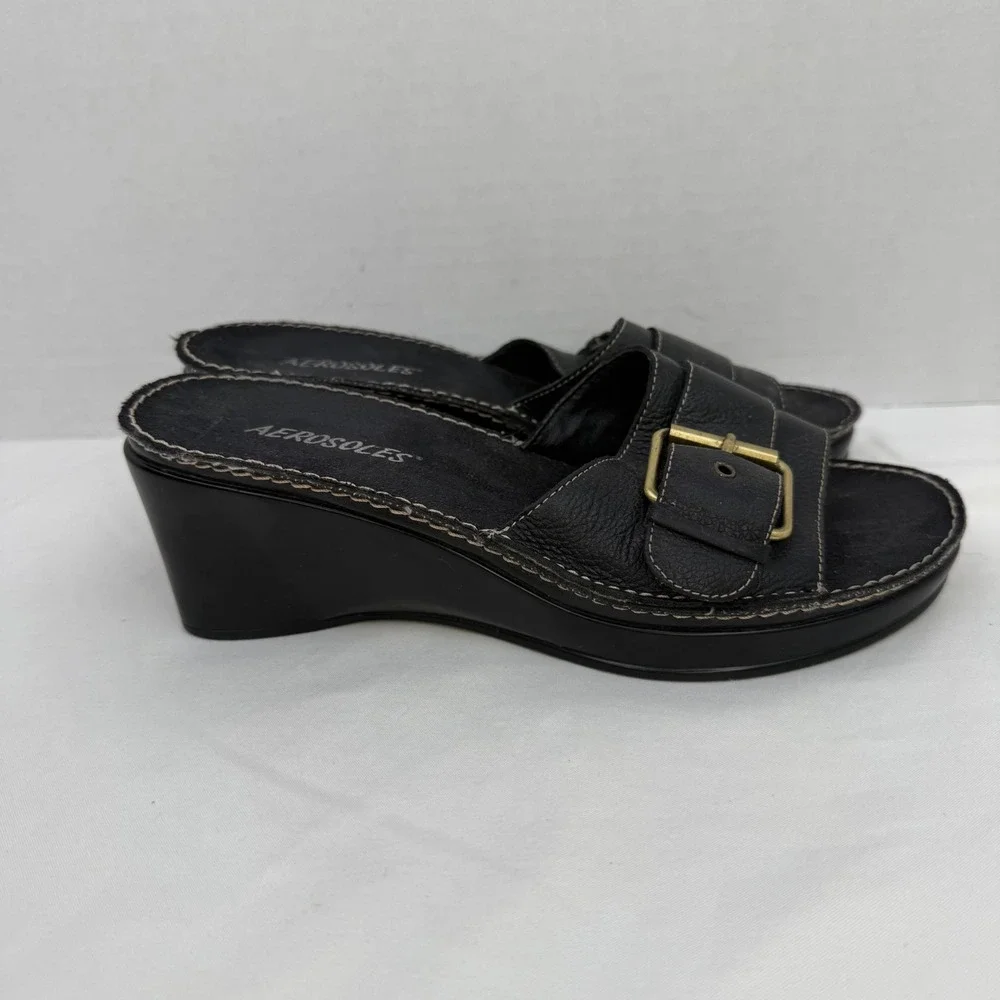 Vintage Y2K Aerosoles Black Leather Wedge Slide Sandals Buckle Detail Womens 6.5